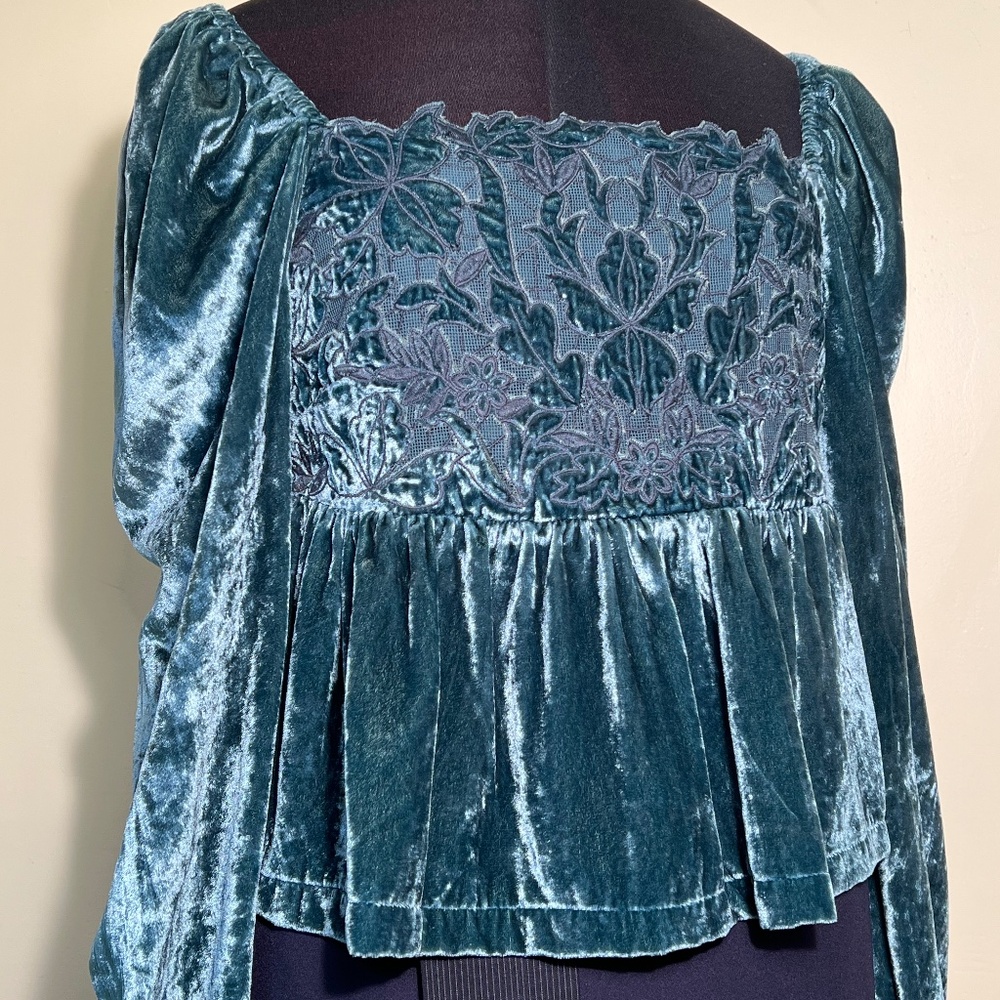 By Anthropologie Romantic Winter Turquoise Velvety Burn Out Pattern Peasant Top